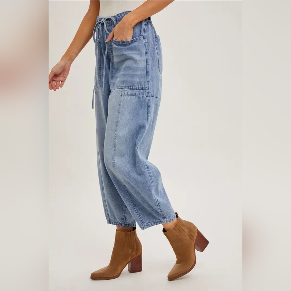 Denim Mid-Waist Drawstrings Barrel Jeans - Picture 5 of 6